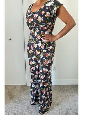 Azōe Cotton Romper Navy Multi Print Belted Button Up Size L